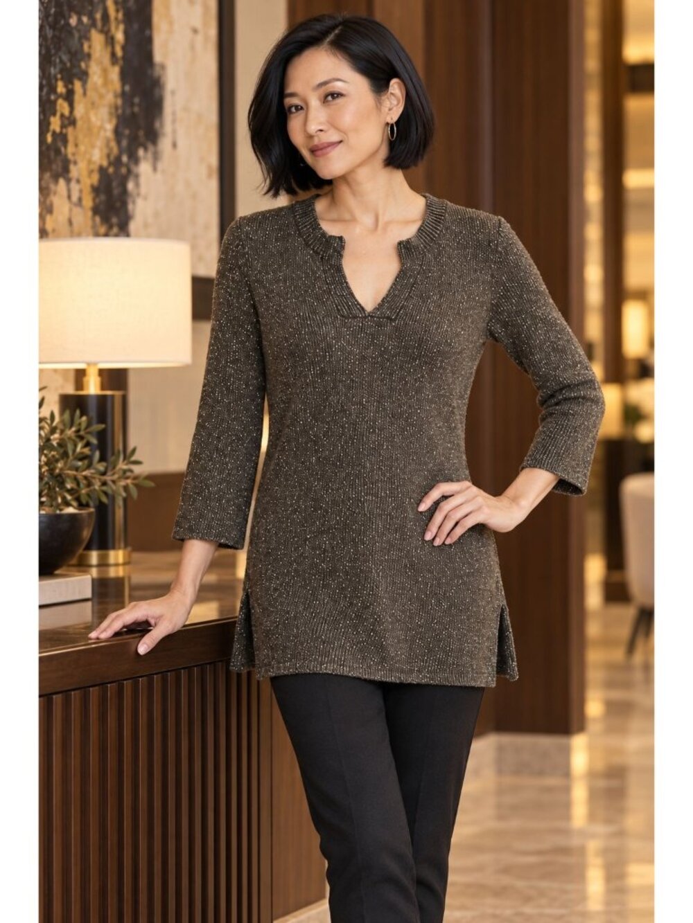 Tommy Bahama Womens S Olive Metallic Wool Blend Split Neck Tunic Sweater